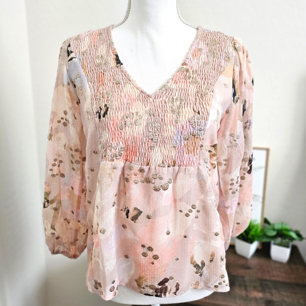 Anthropologie BTFL-Life Pink Smocked Blouse with Puff Sleeves SZ XS